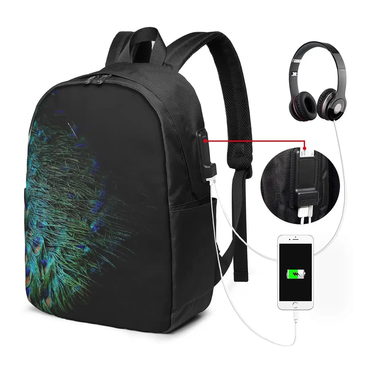 Piume di pavone su uno sfondo nero, zaino da viaggio, borsa per notebook, borsa per computer, borsa per studenti universitari, borsa per laptop, borse a tracolla