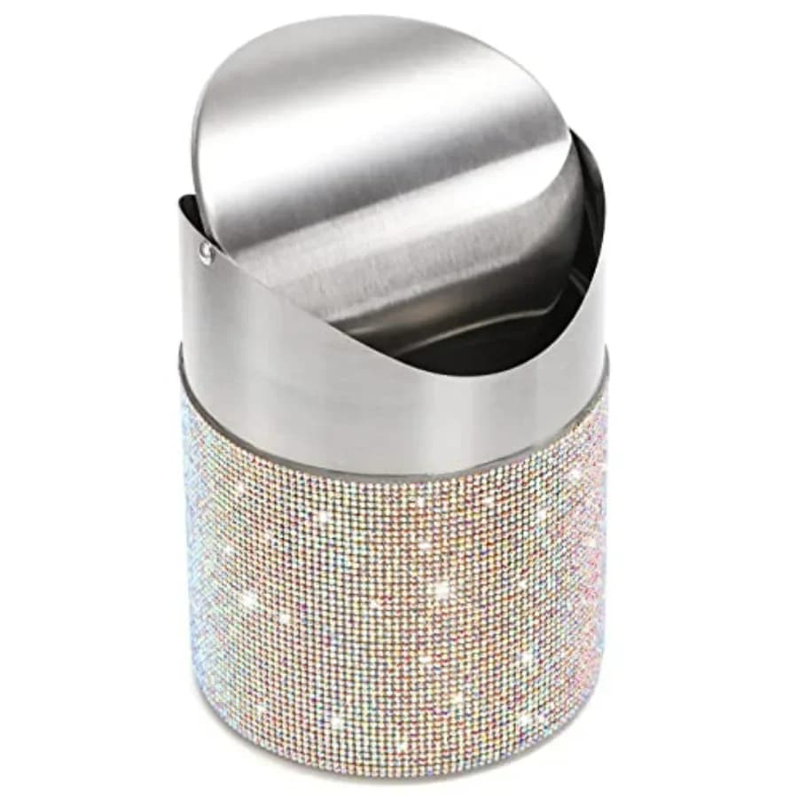 Bidone della spazzatura da appoggio Bidone della spazzatura con strass bling da 1,5 litri con coperchio a battente per l'home office Vanity Tavolo Camera da letto Bagno Com