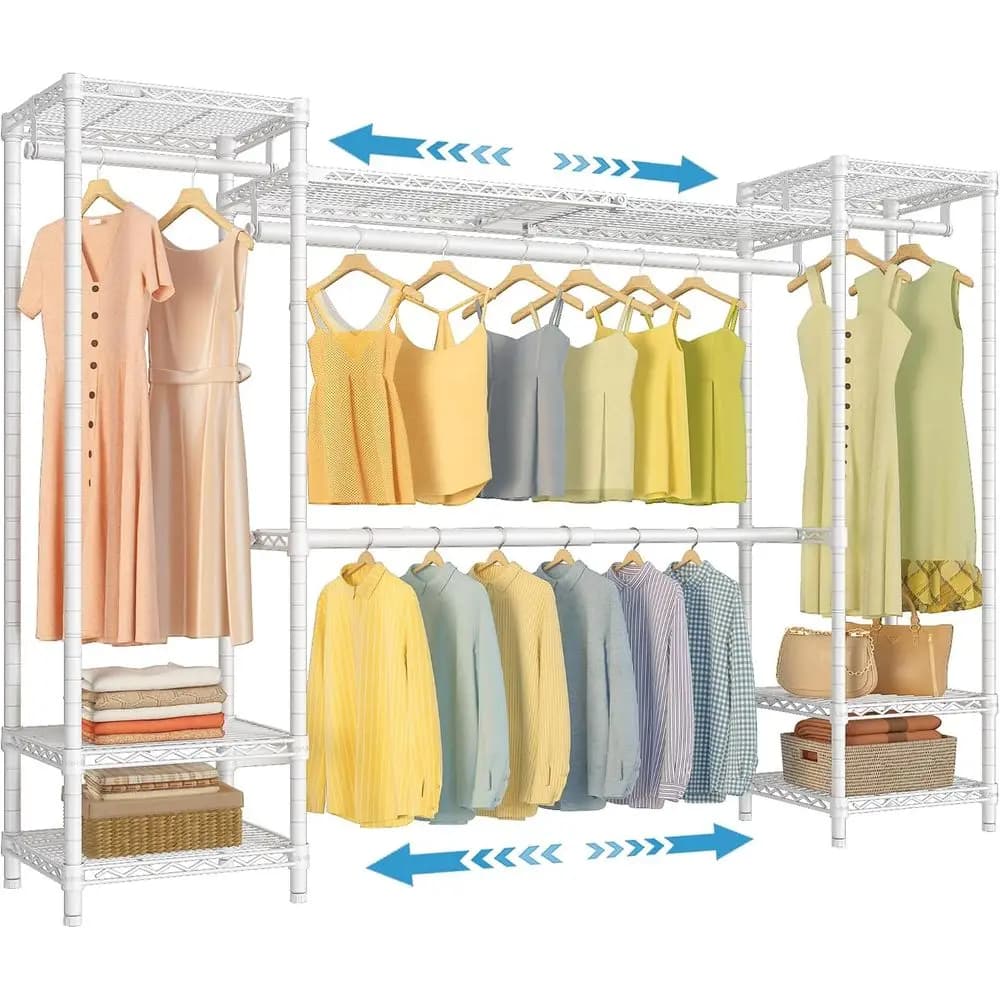 Adjustable Heavy-Duty Expandable Clothes Rack, Portable Closet with 4 Hanger Rods & 7 Wire Shelves, White