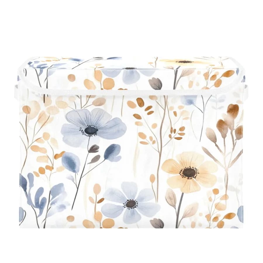 Scatola portaoggetti pieghevole grande con fiori selvatici ad acquerello, coperchio ribaltabile, contenitore decorativo in tessuto con manici, 16,5×12