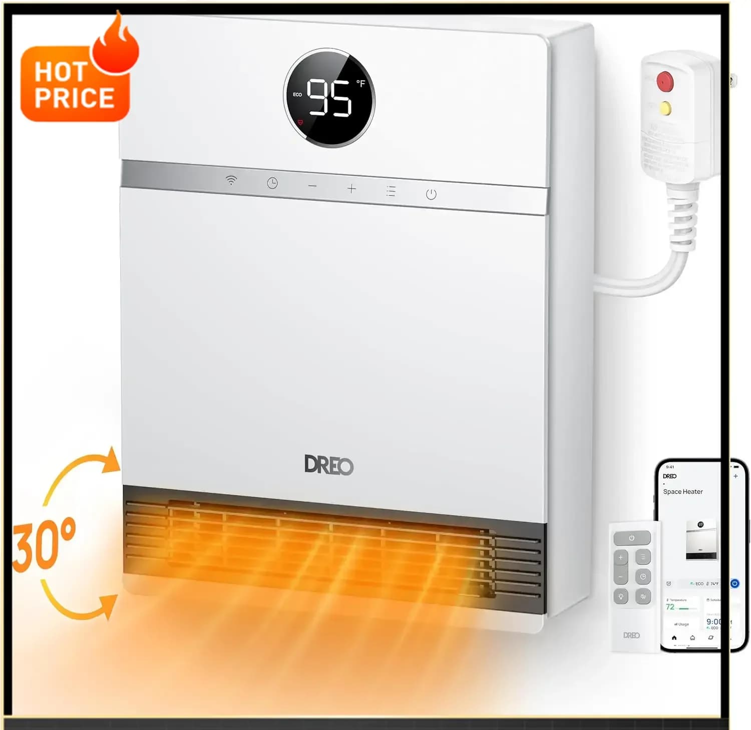 Bestseller [Limited Time Offer!] Intelligent Electric Wall Stufa, IP24 with ALCI Plug for Internal Use, 30 ° Oscillation, Adjustable