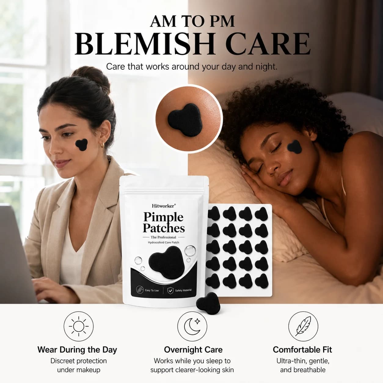 Black Hydrocolloid Pimple Patches, Cute Cloud Shape Acne Spot Stickers, Ultra-Thin Blemish Cover Patches for Daily Skincare