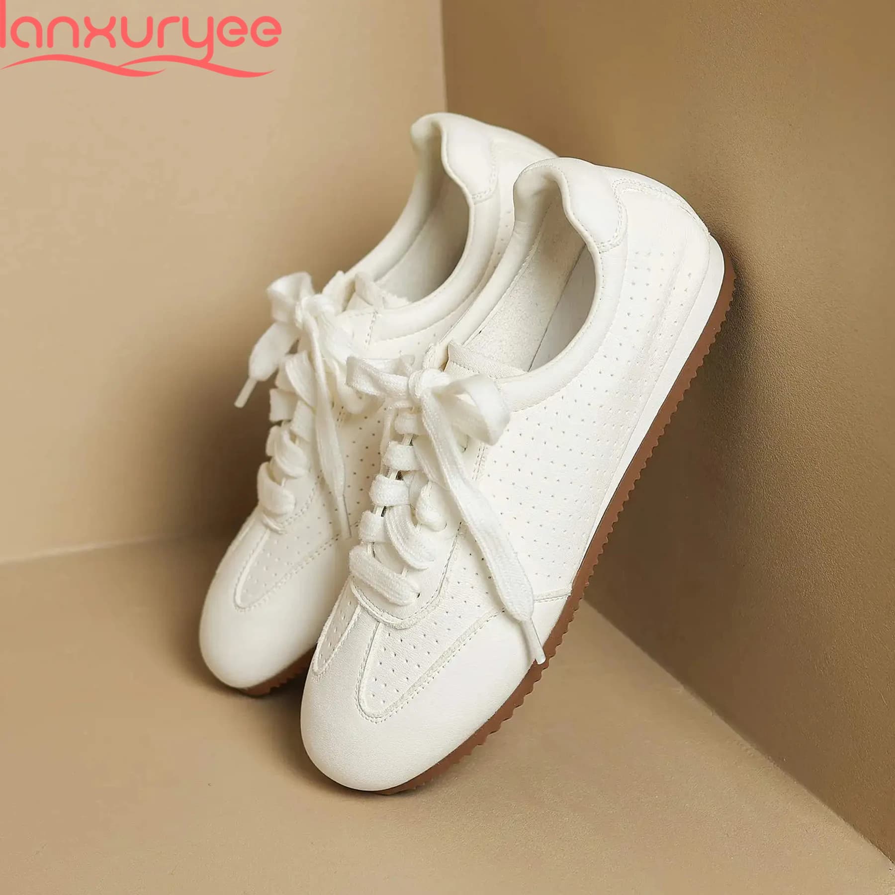 Lanxuryee Pelle di mucca traspirante Punta tonda Scarpe casual autunnali Sneakers bianche Mocassini Incontri Stringate Comfort Scarpe vulcanizzate da donna