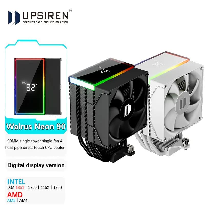 UPSIREN Walrus Neon 90 Digital 4 Heatpipe Direct Touch CPU Air Cooler ventola ad alte prestazioni supporta INTEL LGA1851/1700 AMD AM5
