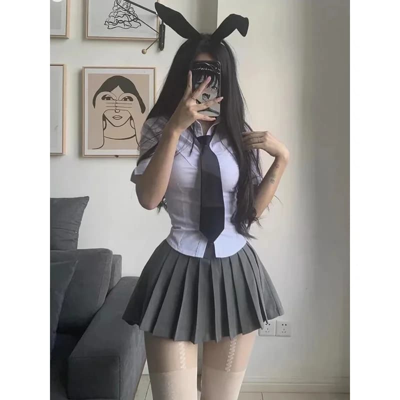 Spicy Girl Suit Student Daily Japanese JK Uniform Set Women Long Sleeved Slim White Shirt Mini Pleated Skirt Summerv;2,r'6;t.