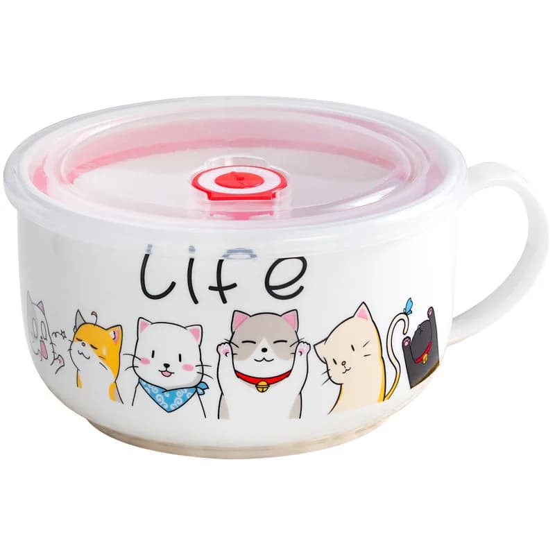 Ciotola per Noodle Istantanei in Ceramica con Coperchio e Manico, Tazza per Colazione, Grande Ciotola Sigillata per Avena e Noodle per Studenti in Dormitorio