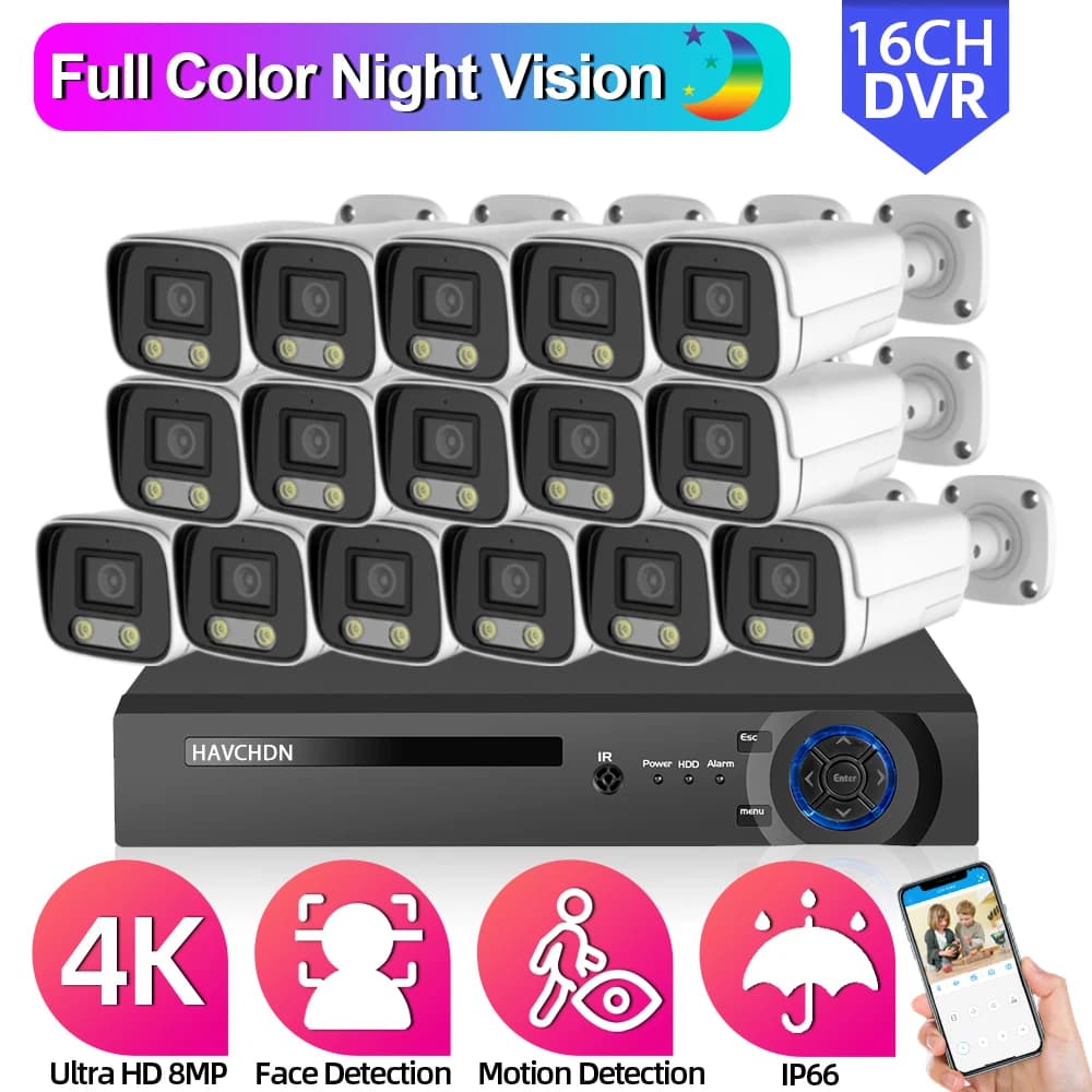 Kit Sistema di Videosorveglianza AHD 4K Ultra HD, Set DVR 16CH con Telecamere di Sicurezza, Kit Telecamere CCTV 8MP con Visione Notturna a Colori, 8CH P2P