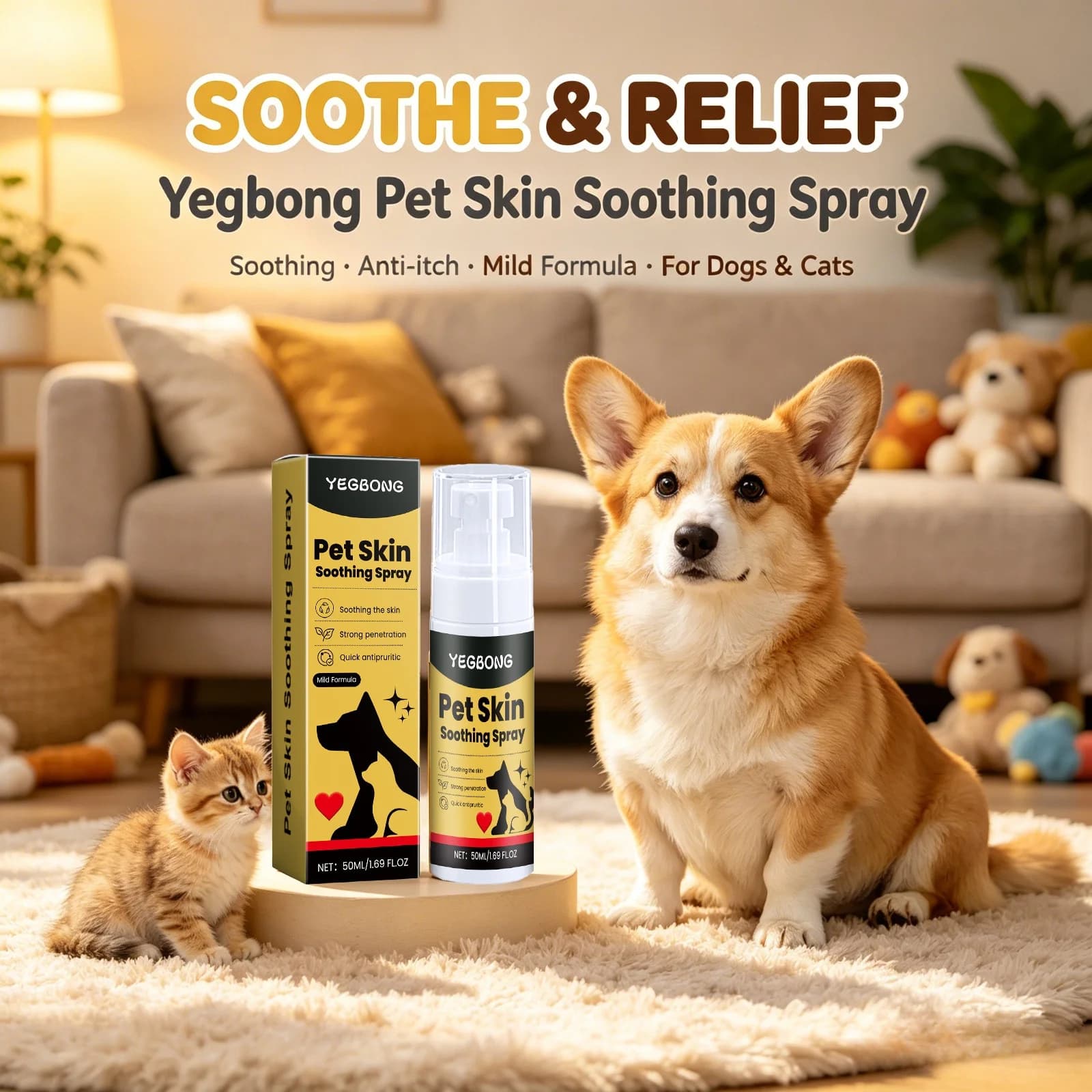 Pet Skin Care Spray Anti Itch Relief for Dogs Cats Wound Repair Flea Lice Control Herbal Mild Non-irritating Soothing Skin 50ml