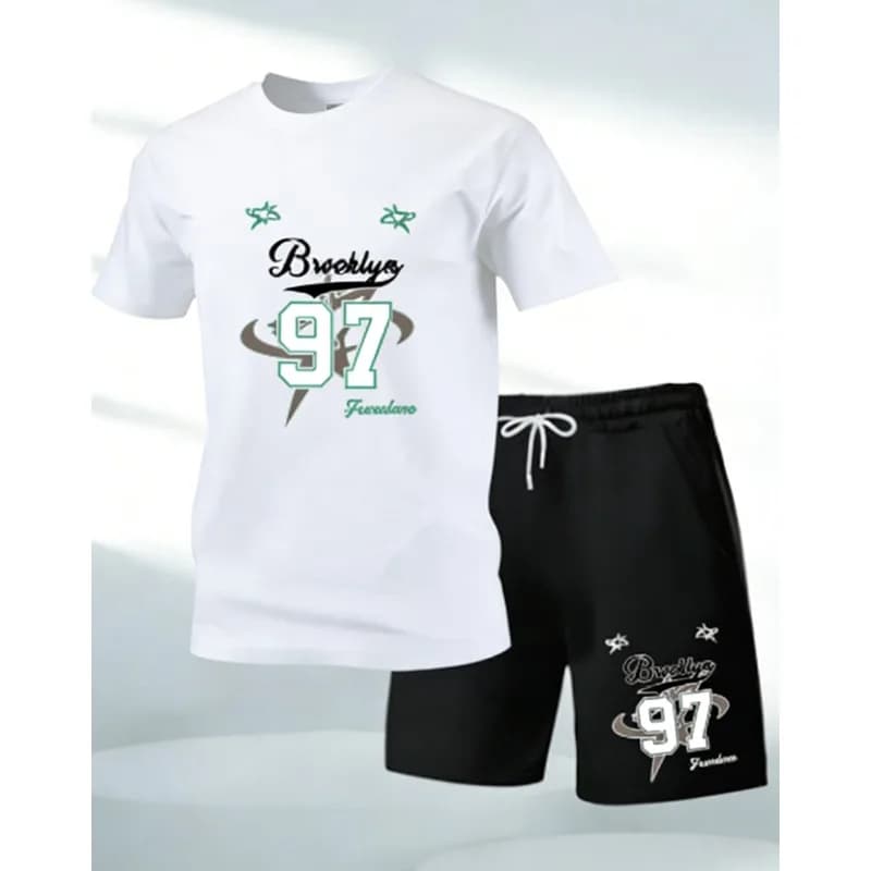 Completo sportivo estivo da uomo: T-shirt casual a maniche corte e pantaloncini - set comodo, stampato, leggero e ad asciugatura rapida