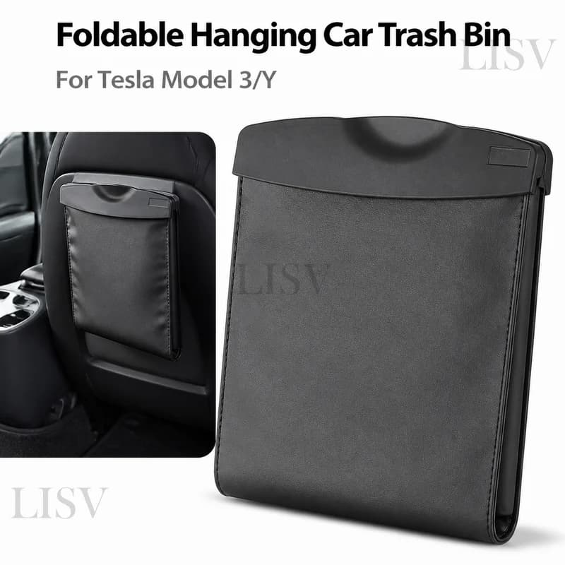 For Tesla Model 3 Model Y Universal Car Trash Can Folding Hanging Backseat Garbage Bag Co‑Pilot Storage Bag Interior Organizer