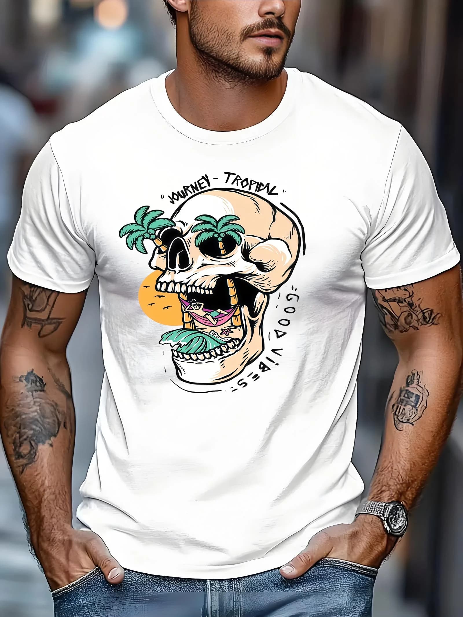 Men's casual sports t-shirt for outdoors, Tropical style men's t-shirt - loose street print