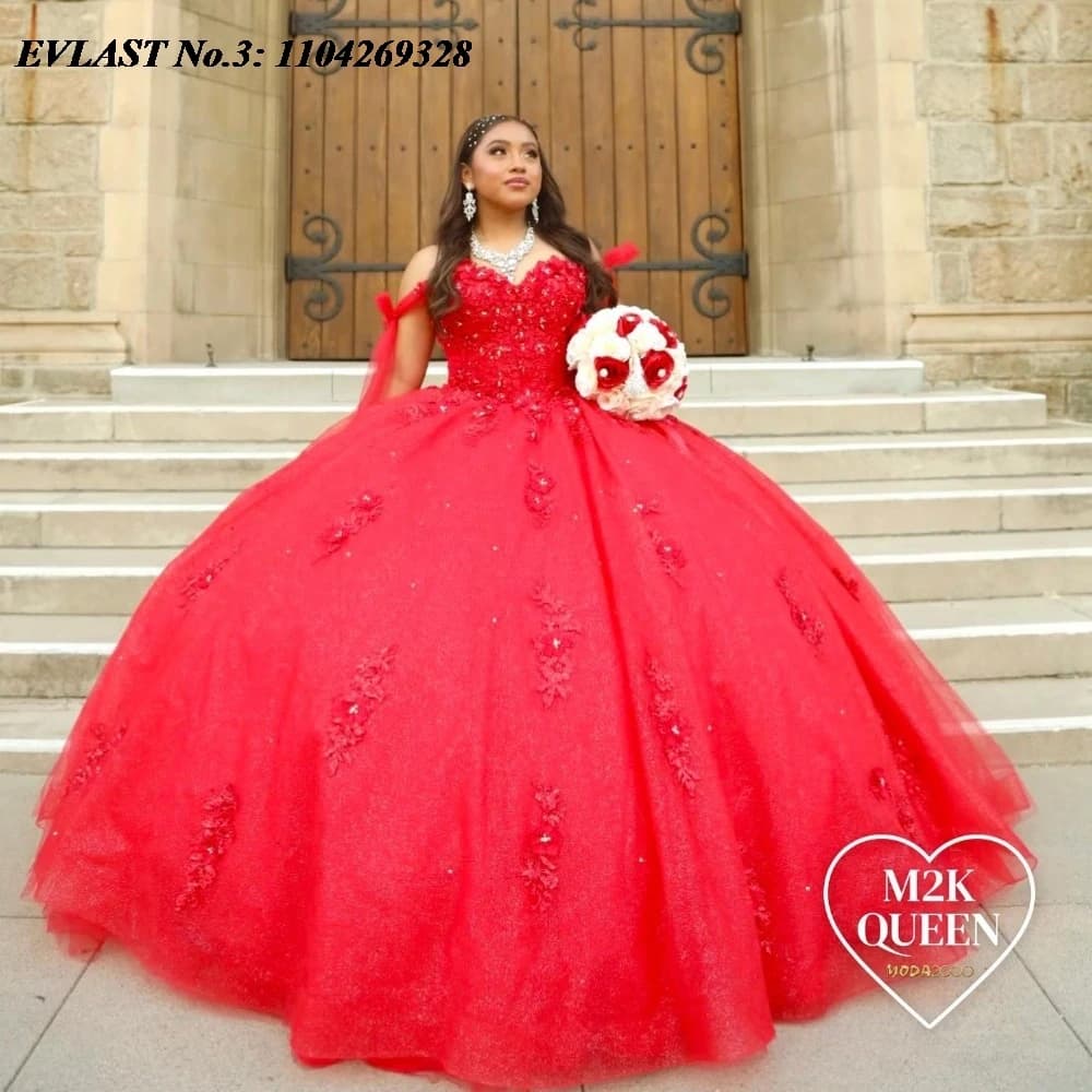 EVLAST Personalizzato Glitter Rosso Abito Quinceanera Abito di Sfera Applique di Pizzo Che Borda Messico Corsetto Dolce 16 Abiti Da 15 Anos E3Q74