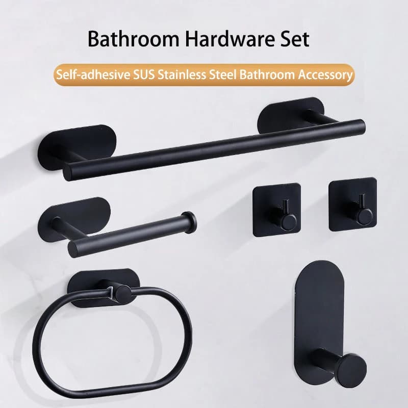 Nessuna perforazione Acciaio inossidabile Portasciugamani Portarotolo Autoadesiva Porta asciugamano con porta accappatoio Nero opaco Argento Set di accessori da bagno