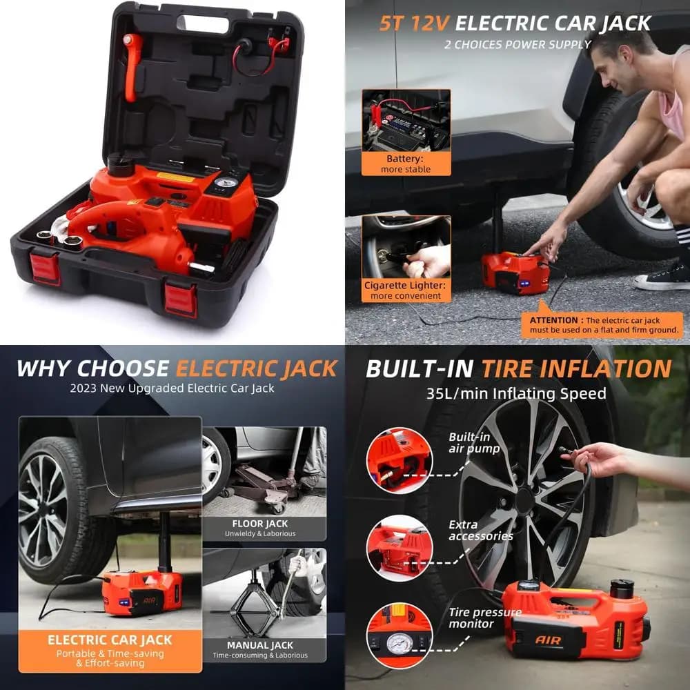 Kit Martinetto Idraulico per Auto 12V 5 Tonnellate con Avvitatore a Impulsi, Gonfiatore Pneumatici e Luce LED per Cambio Gomme Stradale