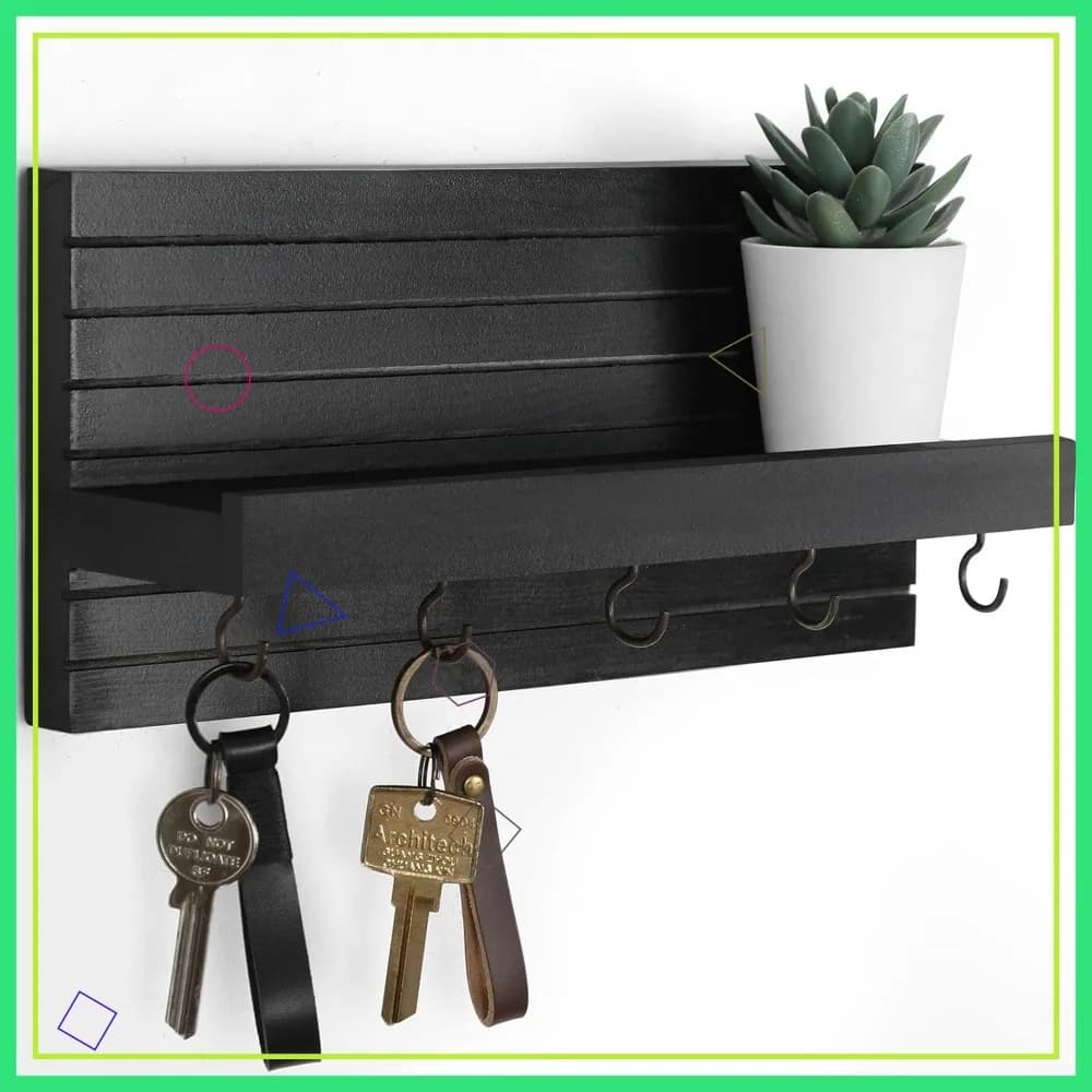 Portachiavi da parete con mensola - Organizzatore da ingresso in legno robusto, porta chiavi, guinzagli, giacche - Nero