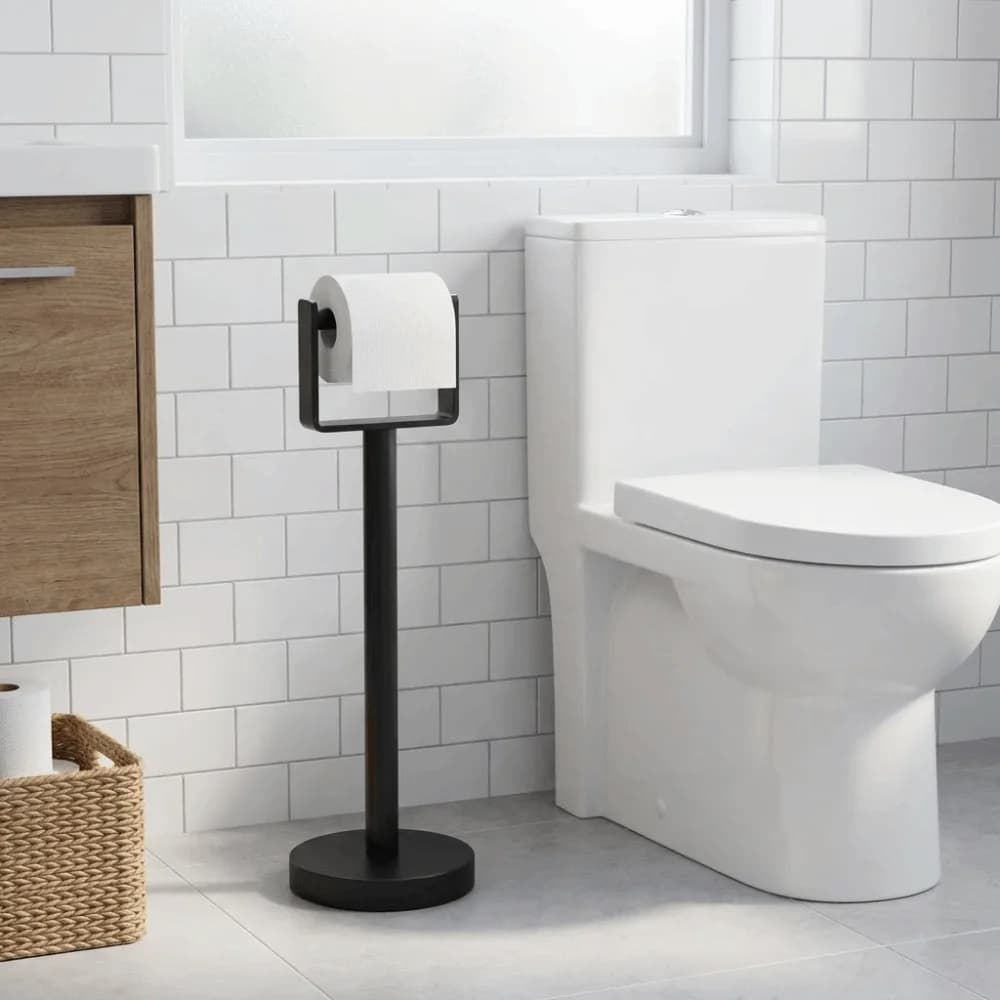 Stainless Steel Floor Standing Toilet Paper Stand Heavy Base Suction Cup Bathroom Tissue Holder Space Saving Rustproof