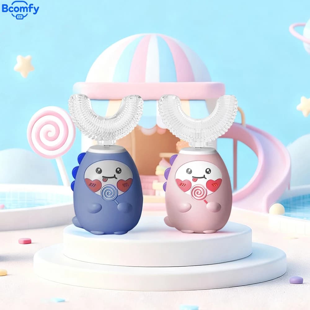 Spazzolino elettrico per bambini in silicone alimentare 360 ° Spazzolino automatico ricaricabile a forma di U con luce blu intelligente per bambini
