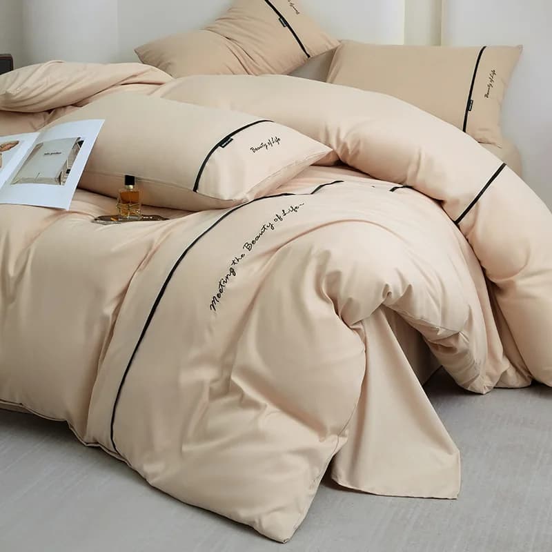 New set of 4-piece washed cotton sheets, plain color, with embroidered tape, double layer, delicate on the skin, blue style and sheet with corners.