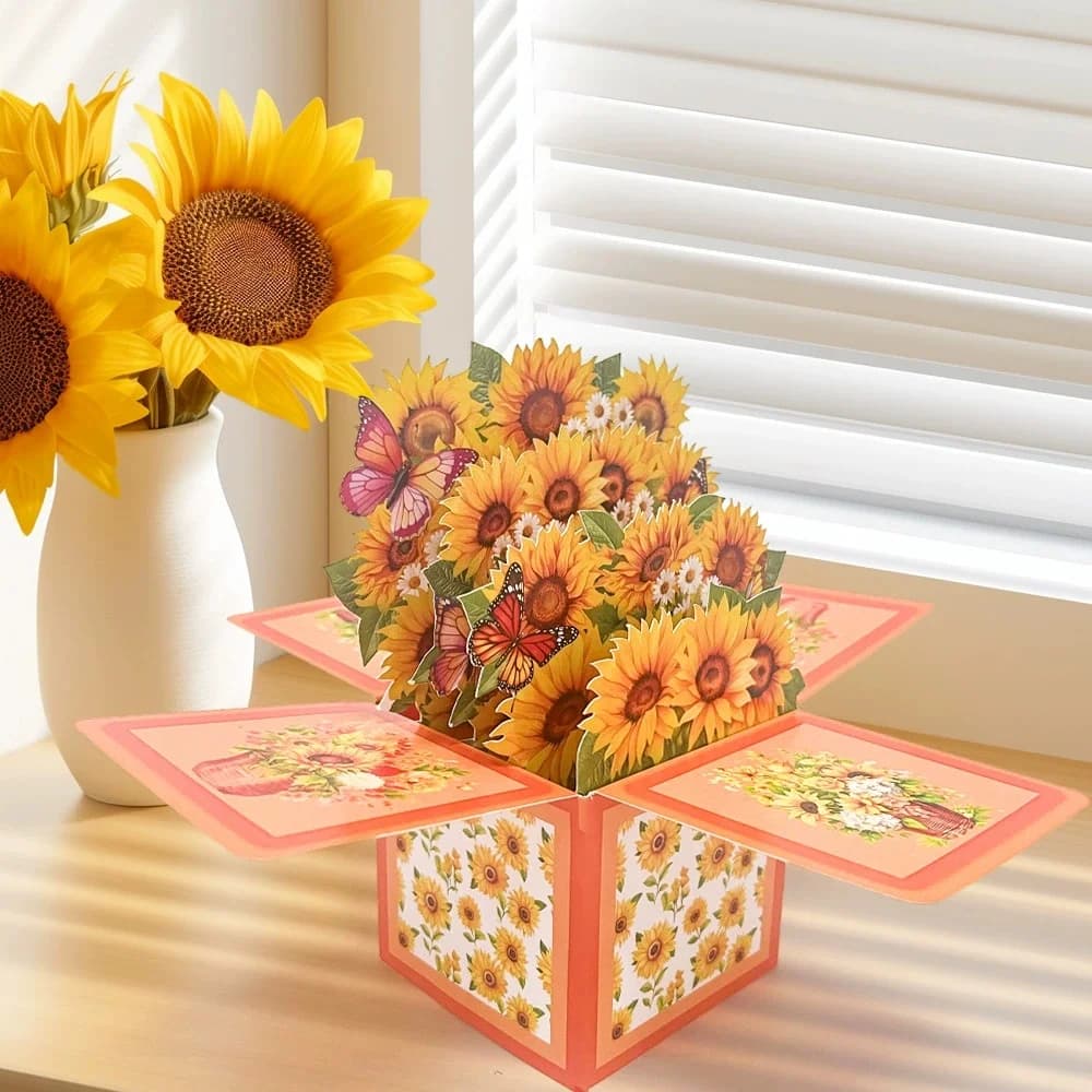Biglietto 3D con bouquet di girasoli, busta e biglietto, per la festa della mamma, ringraziamenti, anniversario, matrimonio, San Valentino