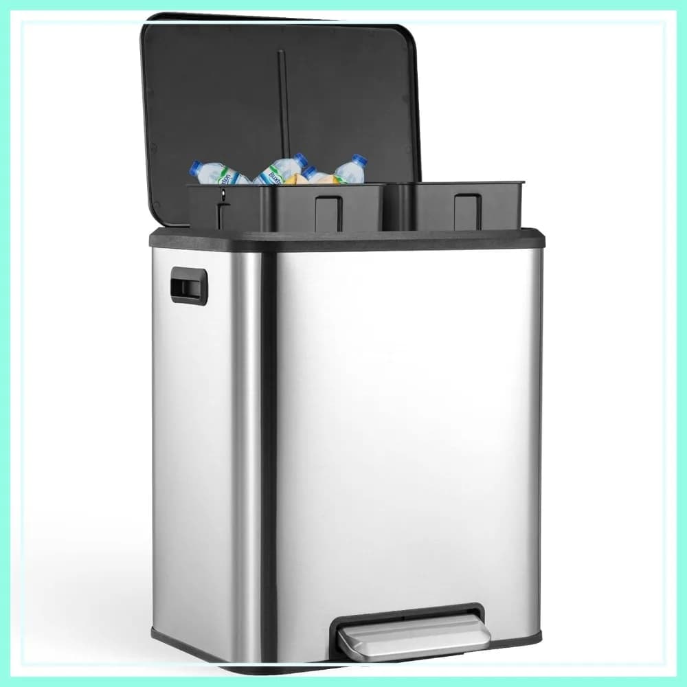 2 x Bidoni per Rifiuti e Riciclaggio da 4 Galloni, 30L in Acciaio Inox, Coperchio a Chiusura Morbida, Contenitore Interno Rimovibile per Casa, Ufficio e Azienda
