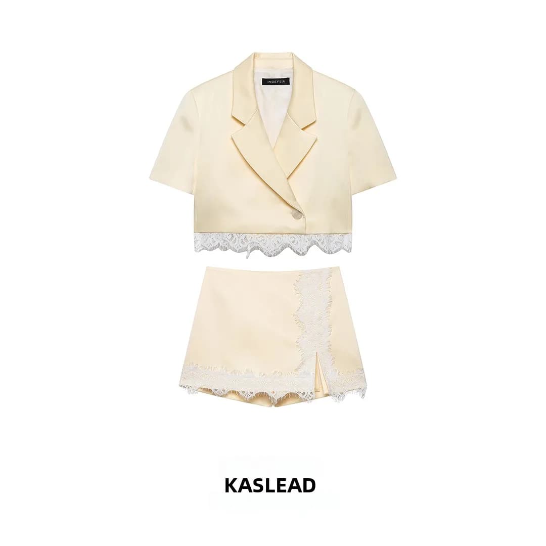 KASLEAD Nuovo Completo da Donna alla Moda con Giacca con Inserti in Pizzo e Gonna a Vita Alta, Outfit Estivo a Maniche Corte