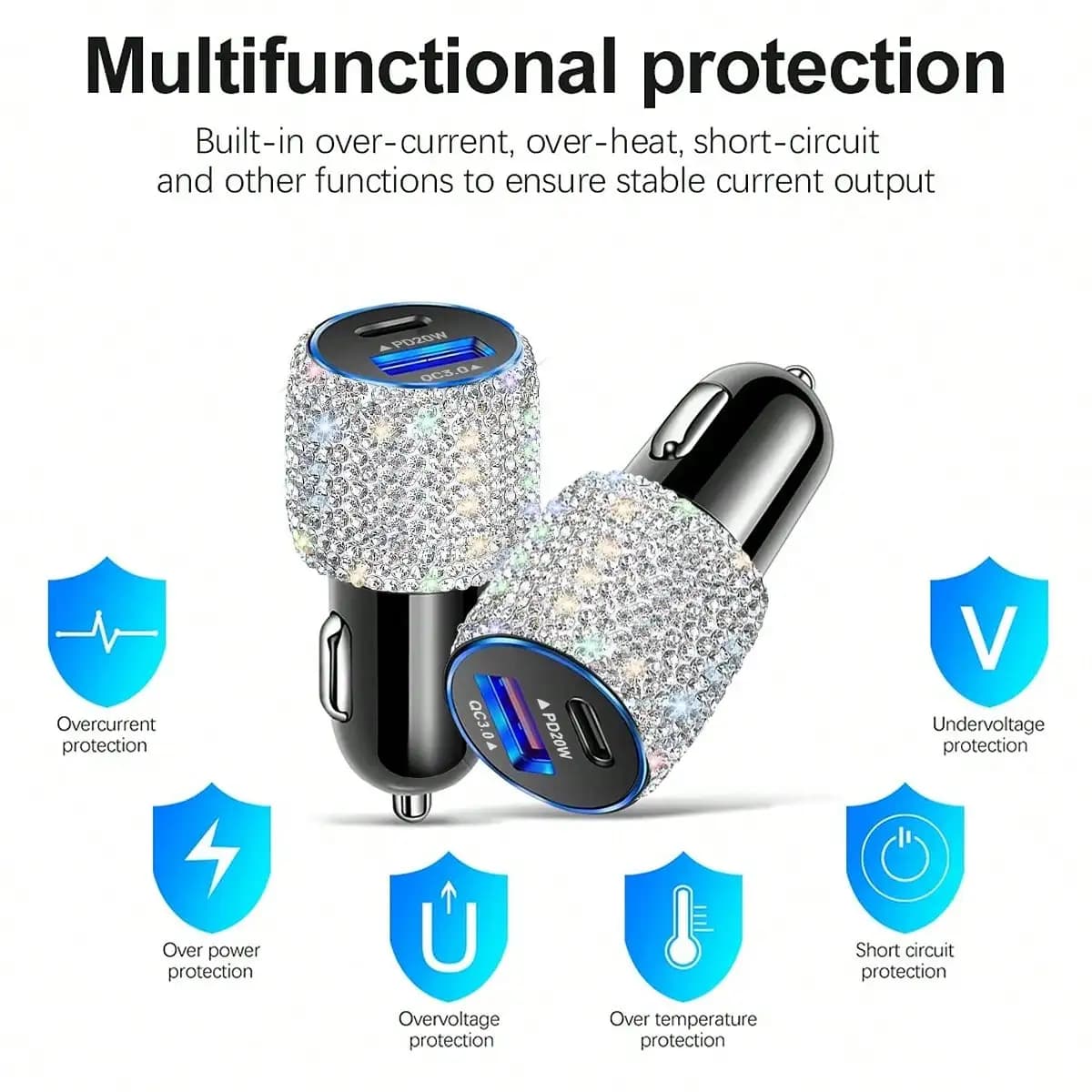 2-door car charger with crystal rhinestone decorations, fast charging PD20W + QC3.0 for phones, GPS, dashcam