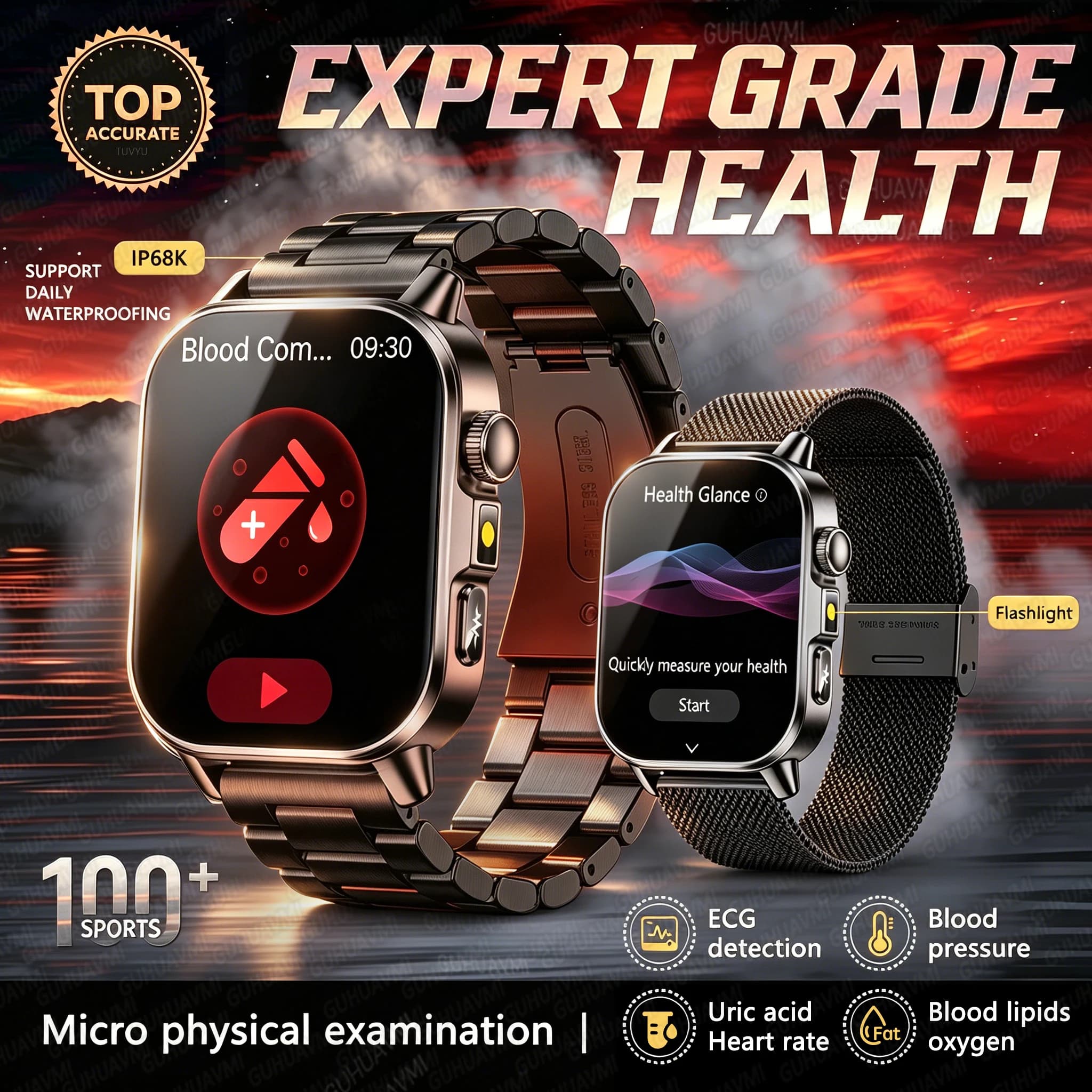 Nuovo Smartwatch 2026 per Diagnosi Accurata della Salute, Misurazione Pressione Sanguigna, ECG, Grasso nel Sangue, Ossigeno, Acido Urico, Temperatura, IP68K, Chiamate, per Uomini e Donne