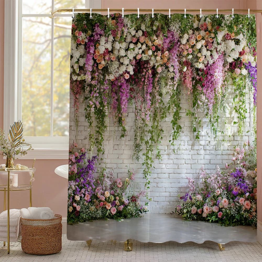 Tenda da doccia gialla bianca floreale rosa primaverile, tenda da doccia decorativa per bagno, tenda da doccia impermeabile con ganci