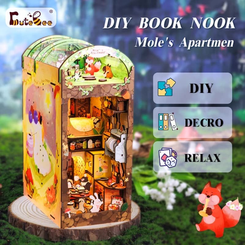 CUTEBEE-Kit angolo libro, casa delle bambole fai da te con luce touch, copertura antipolvere, inserto per libreria 3D cartone animato, regalo di compleanno, appartamento talpa