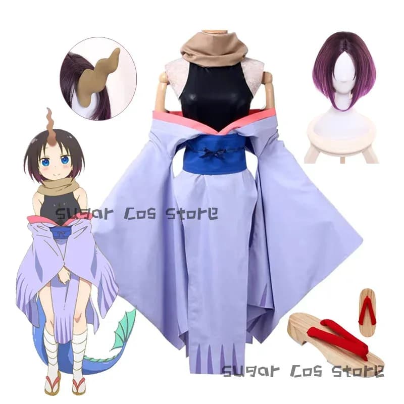 NewAnime Miss Kobayashi Drago Cameriera Elma Costume Cosplay Kimono Uniform Geta Wig Halloween Easter Carnival Role Game RX8