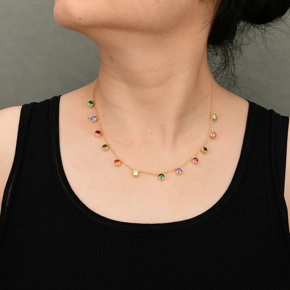 GG 18" Multi Color Cubic Zirconia Pave Gold Plated Chain Necklace CZ Pendant Cute Simple Jewelry For Lady Girls