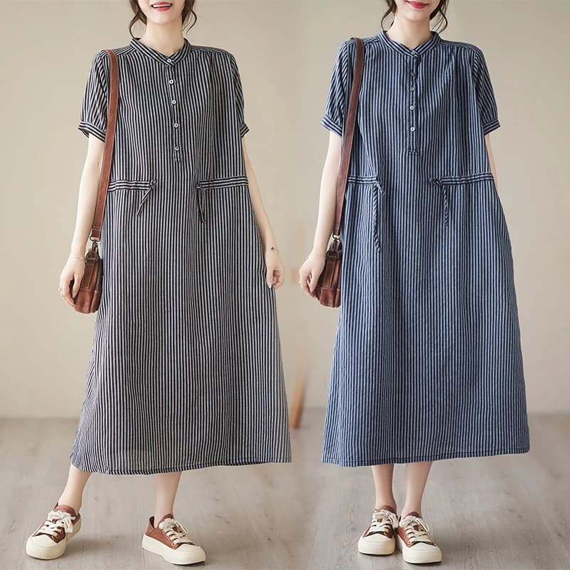 Summer 2025 New Arrival Slimming Stripe Loose Dress Versatile Half Button Stand Collar Midi A-Line Skirt Retro Style Short Sl...