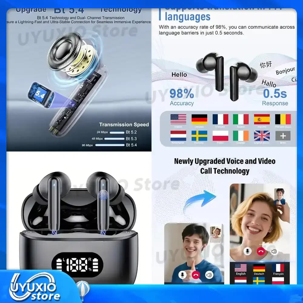 Auricolari Traduttori AI UYUXIO con Display LCD, Cancellazione del Rumore ENC, Traduzione in 144 Lingue