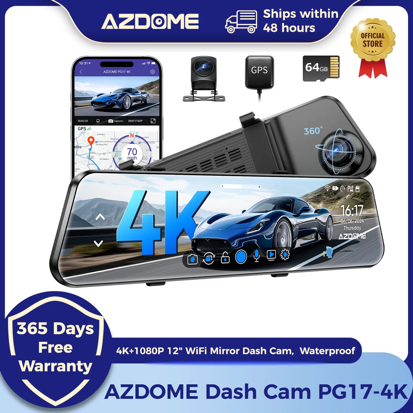 AZDOME PG17 12" WiFi Mirror Dash Cam 4K Front and 1080P Rear View Mirror Camera for Cars Dual Camera Waterproof Backup Camera