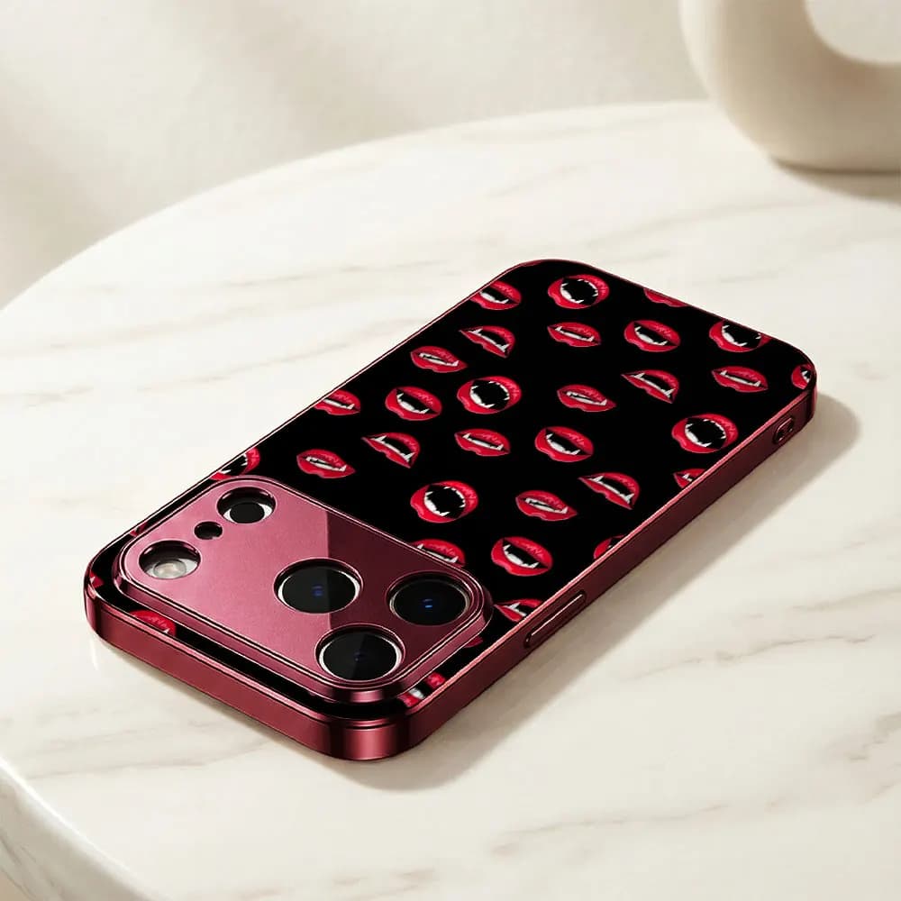 ECOCASE Cover per iPhone 17 16 15 14 13 12 11 Pro Max 16E, guscio in vetro elettroplaccato rosso con motivo Labbra da Vampiro