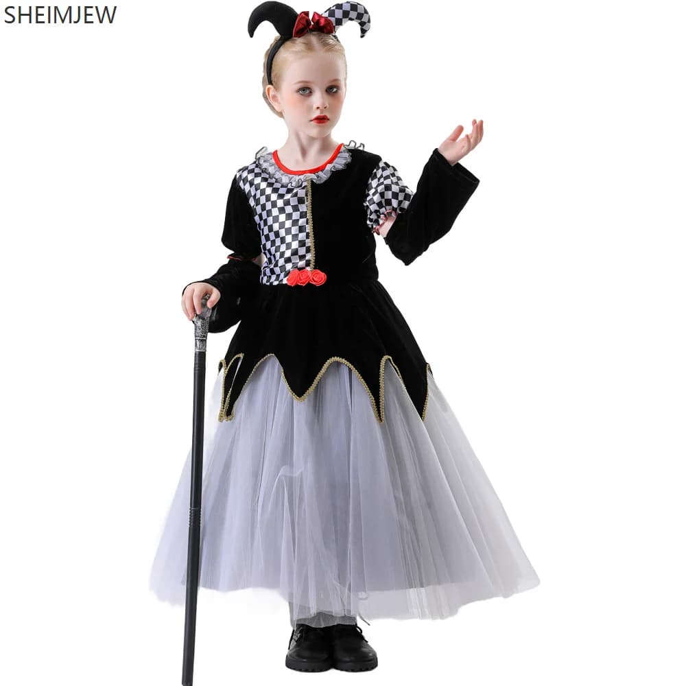 Bambini Halloween Poker Queen Dress Ragazza Gioco di ruolo Costume da clown con gonna scozzese Festa di carnevale Divertente set di spettacoli teatrali