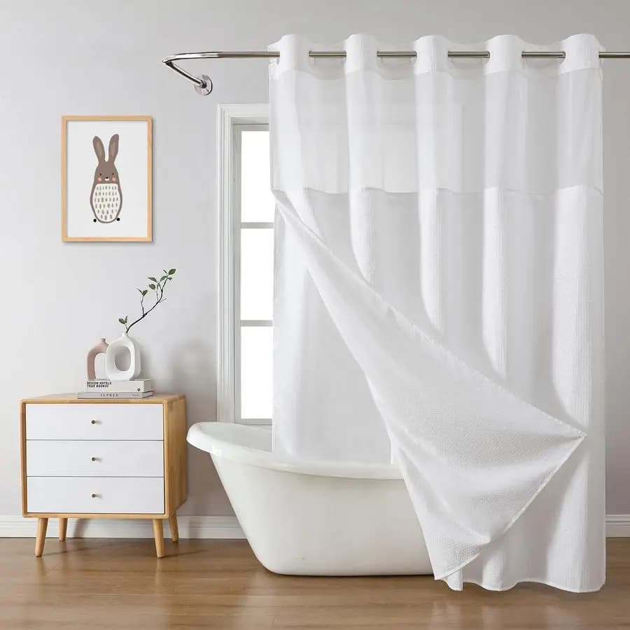 Waffle Weaving Shower Curtain without hooks with snap inner coating, 230GSM waterproof fabric shower curtain set for bathroom, hotel style
