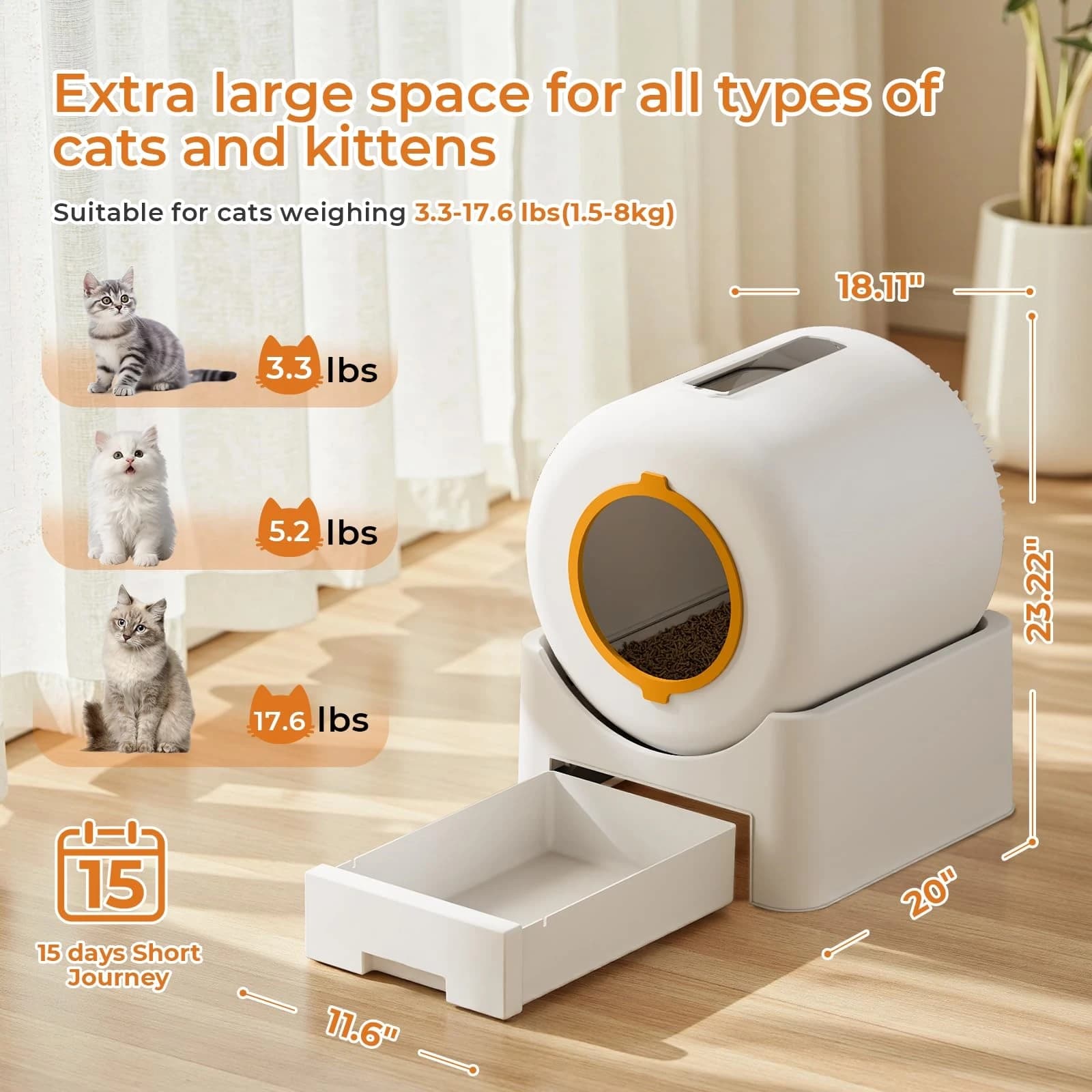Self Cleaning Cat Litter Box, Open Top Automatic Litter Box with App Control & Safety Sensors, for Multiple Cats