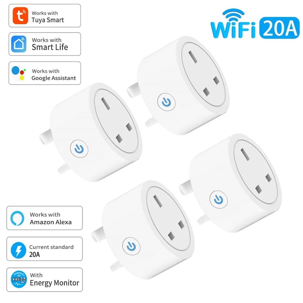 Smart WiFi Tuya 20A socket with UK 3 Pin Adapter, Alexa Vocal Control and Timer Function with Energy Monitor