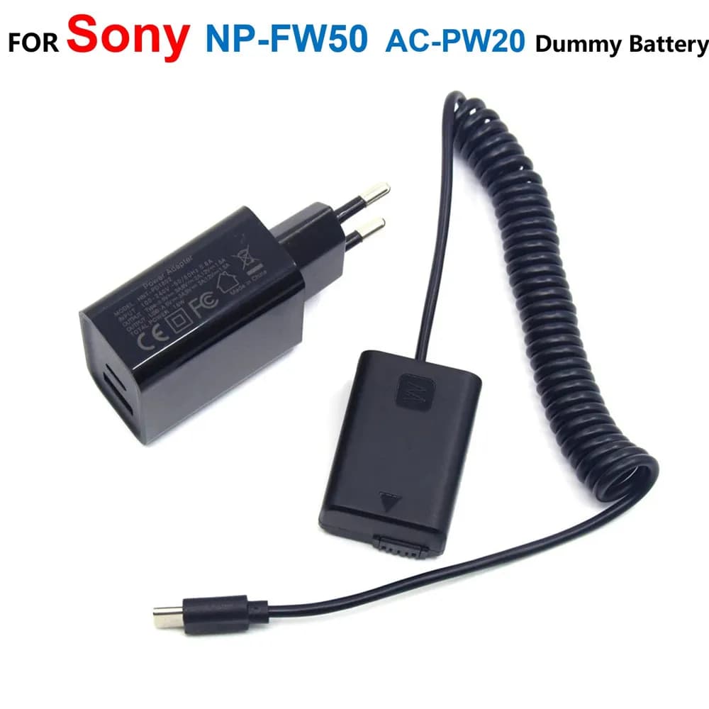 AC-PW20 NP FW50 batteria falsa cavo di alimentazione USB tipo C + adattatore caricabatterie PD per Sony A7R ZV-E10 A6500 A6300 A6000 SLTA55 NEXC5 NEX5N