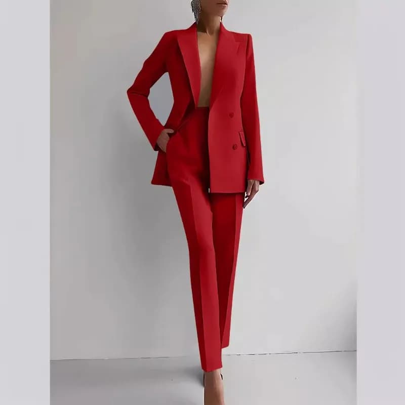 Women's Fashion Matching Sets V Neck Double Breasted Design Blazer Tops+Suit Pant Office Ladies Outfit Elegant 2 Piece Sets
