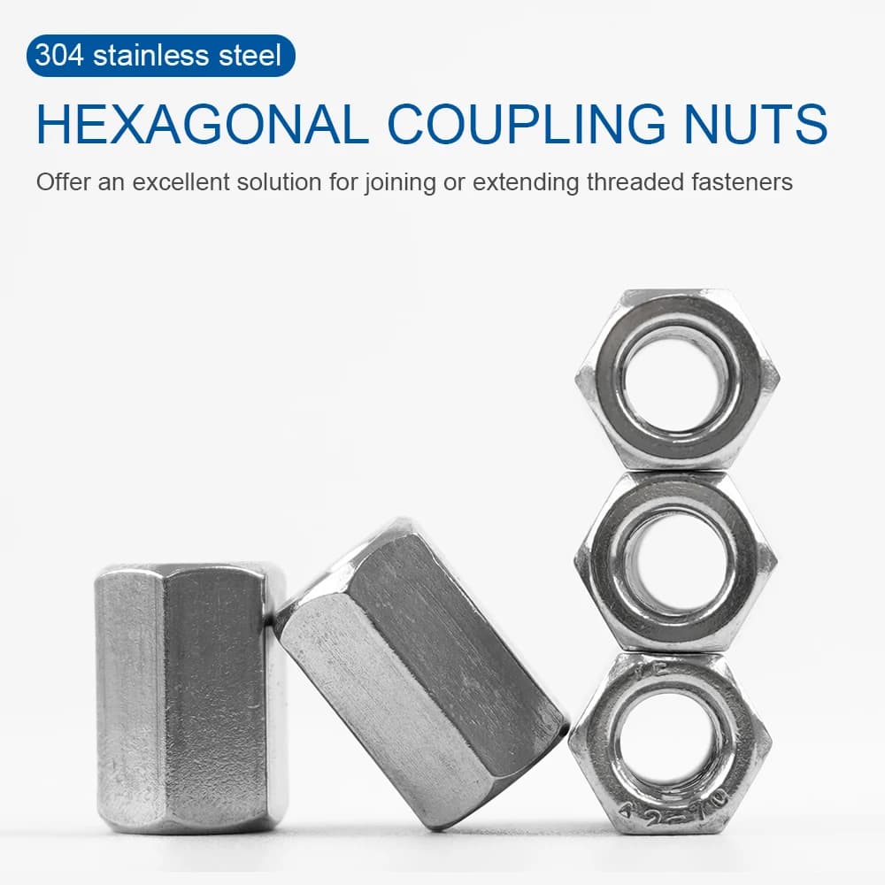 Extend Long Hex Coupling Nut M3 M4 M5 M6 M8 M10 M12 304 Stainless Steel Standoff Rod Connector Thread Nut for Bolts Studs Screws