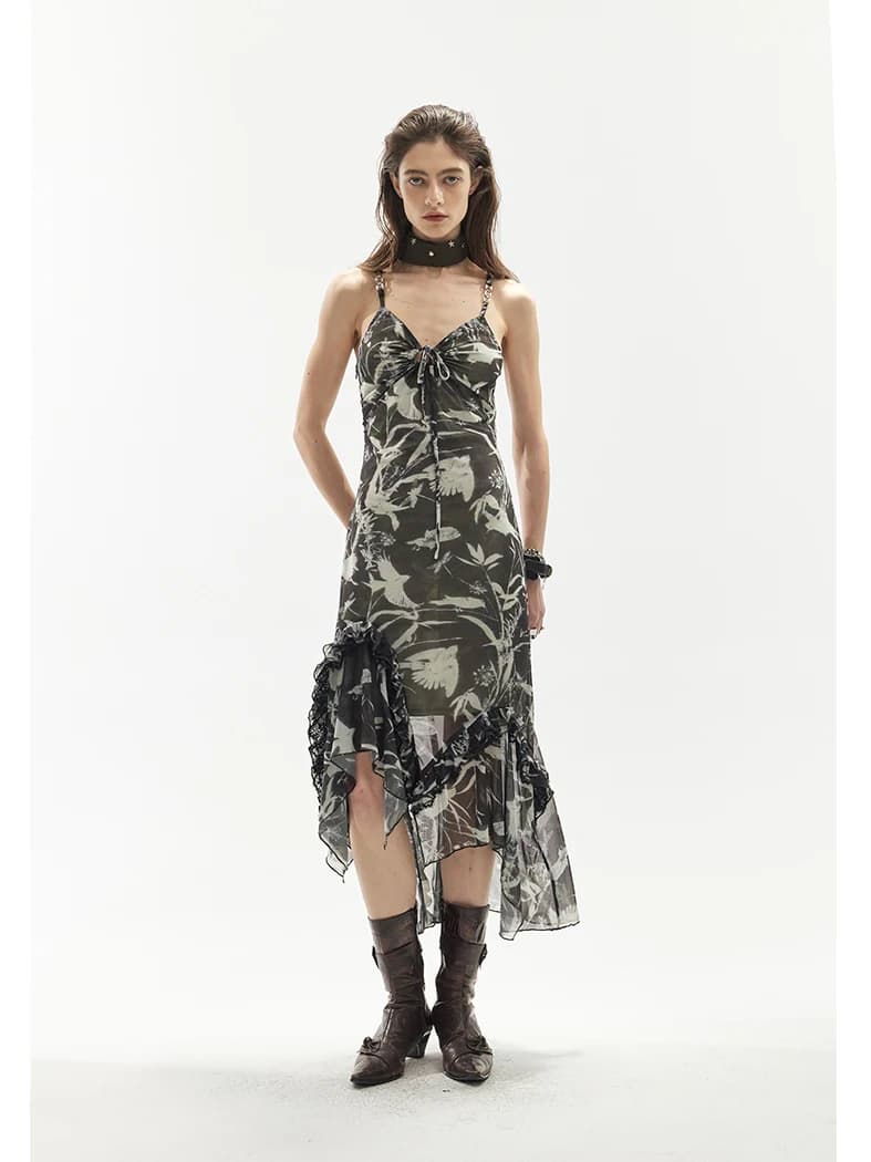 Abito lungo estivo alla moda Jiuwu Park con stampa floreale, spalle scoperte, elastico, orlo in pizzo e gonna a vita alta a trapezio