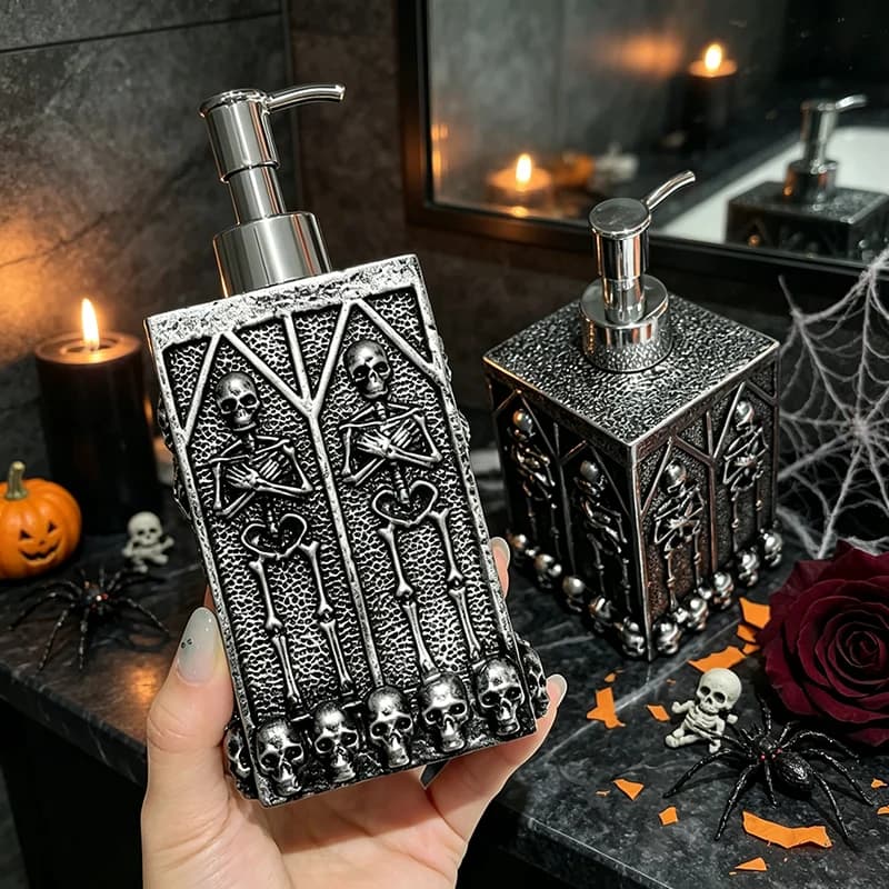 Halloween Gothic Skeleton Soap Dispenser Resin‑ABS Refillable Pump Bottle Bathroom Countertop Spooky Desktop Decor Ornament