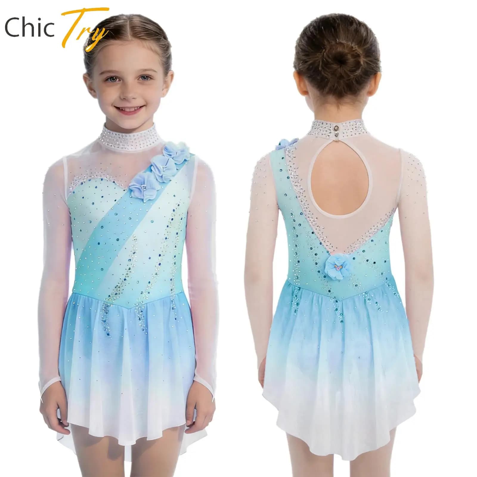 Abito da ballo per ragazze, danza lirica moderna, pattinaggio artistico, costume da performance, maniche lunghe, fiori 3D, strass lucidi