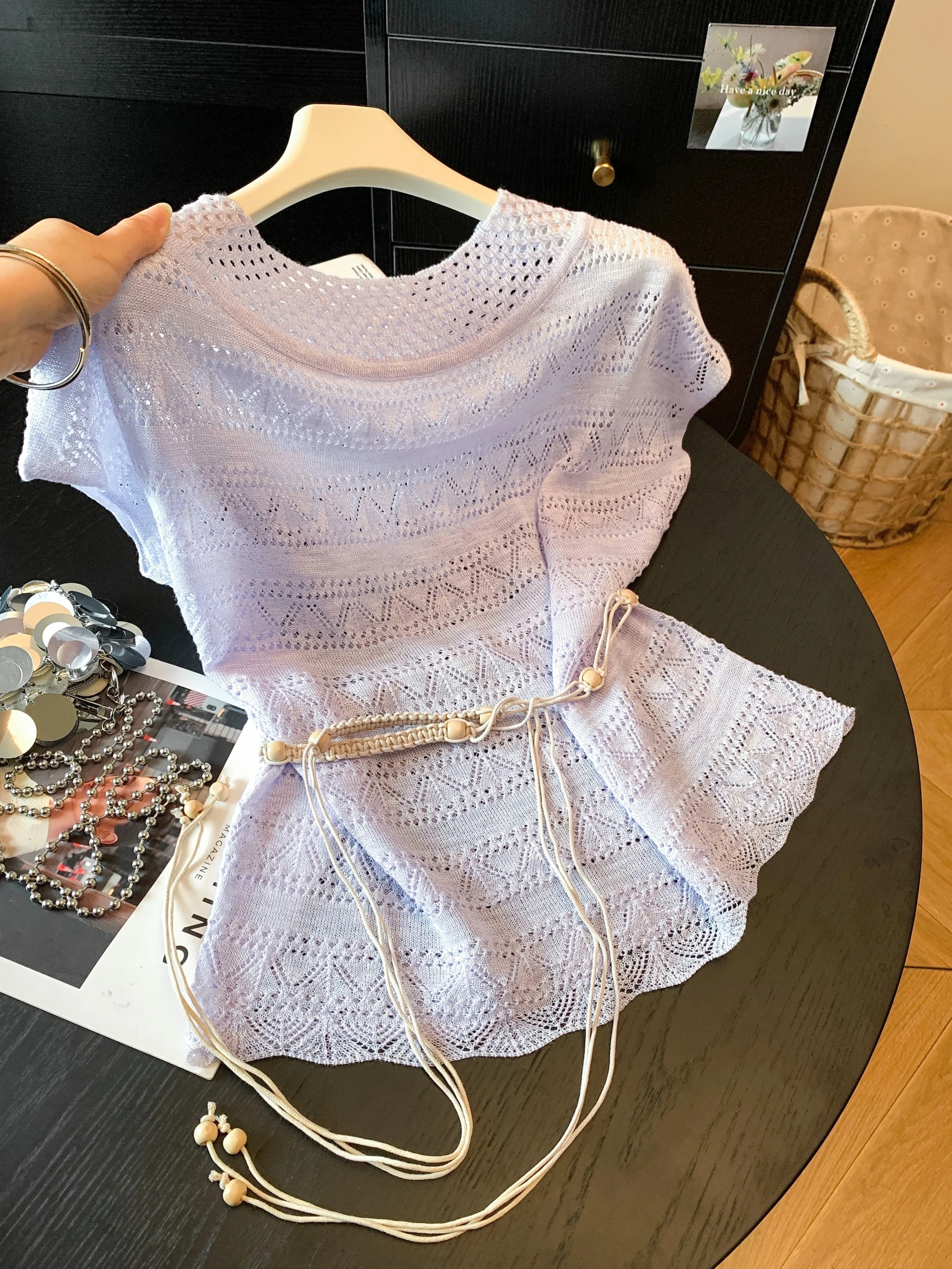 Korean Style Hollow out Knitted Top Women's Summer Ice Silk Sunshade Cover up Belted Slimming Top Breathable Soft Fabric