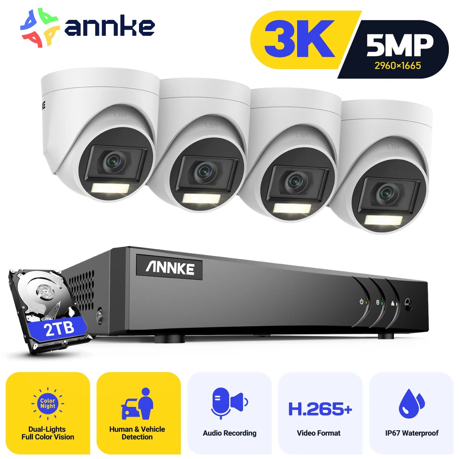 ANNKE H.265 + 8CH 5MP DVR Safety surveillance kit 8 pieces 5MP PIR External cameras IP67 DVR weatherproof SECUR Camera system Alarm