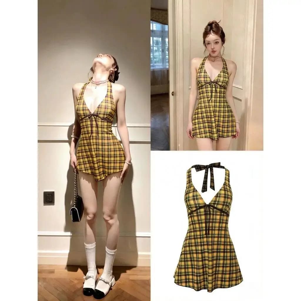 Costume da bagno intero da donna giallo a quadri 2026, nuovo, modellante e coprente, stile vacanza termale, con un tocco di lusso