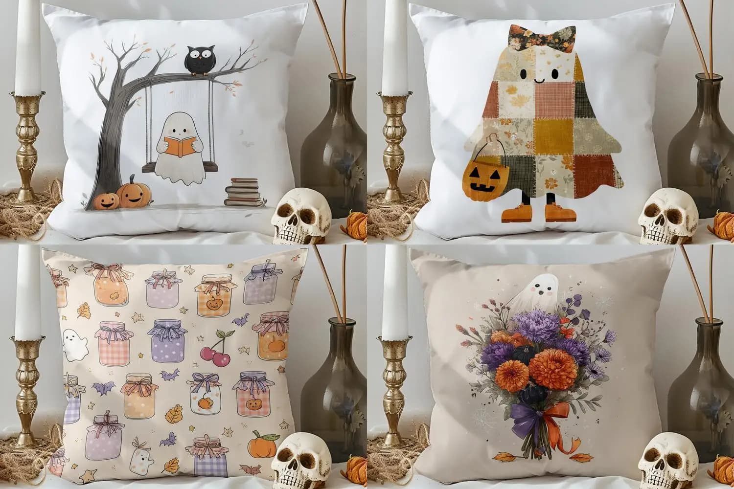 Decorazioni per la casa Lettura dei fantasmi con gufo Fodera per cuscino con motivo Halloween Fodera per cuscino adatta per divano, camera da letto, auto