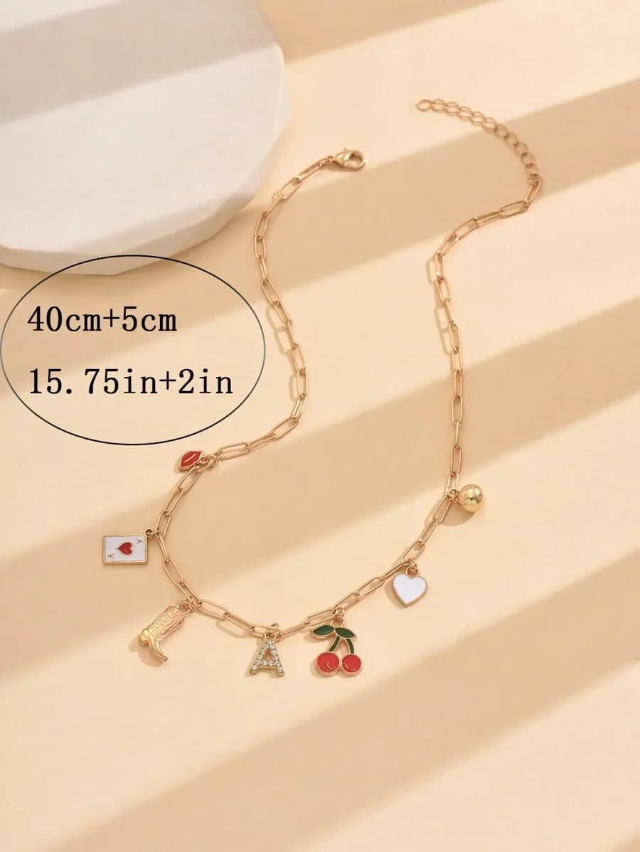 Collana con Ciondolo Charm da Donna con Catena a Maglie, Stile Western con Cuore a Ciliegia e Lettera